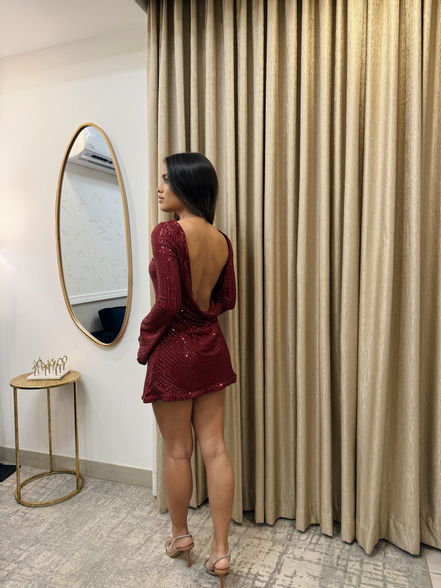 Burgundy Sequin Backless Mini Dress